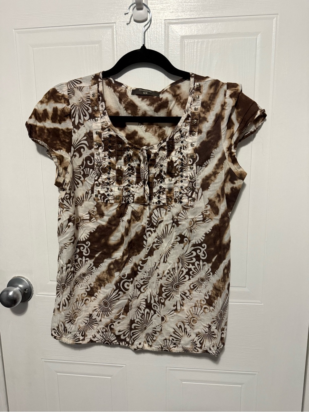 Denver Hayes Brown and Cream Floral Tie-Dye Short Sleeve Top